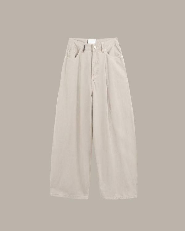 A pair of light beige wide-leg cropped pants with a high waist, displayed against a solid taupe-gray background.