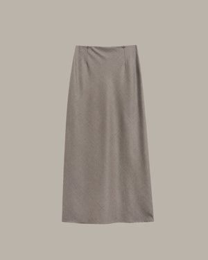 A mid-length, straight skirt in a textured taupe-gray fabric, shown flat against a solid light gray background.