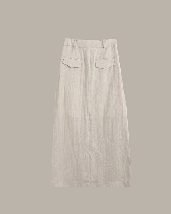 Light gray pants with two front pockets on a beige background