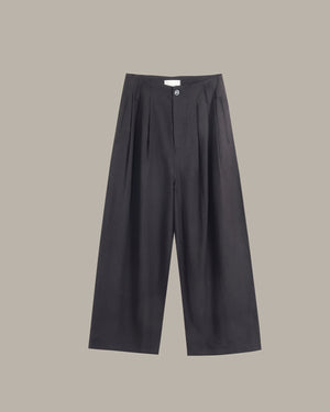 Black wide-leg cropped trousers with pleated detailing at the front, shown flat against a solid taupe background.