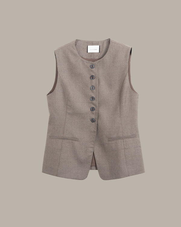 A sleeveless taupe-brown vest with a button-down front and two front pockets, displayed flat against a solid taupe background.
