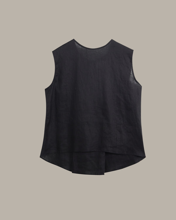 A black sleeveless linen-blend top with a high-low hem, shown from the back against a solid taupe background.