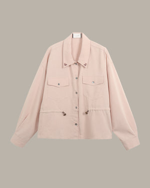 Pink jacket with button details, heart embroidery on collars on a beige background