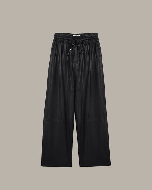 Braided-Drawstring Leather Wide-Leg Pants