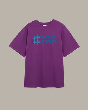 Purple t-shirt with blue #favoured celebrity text on a beige background