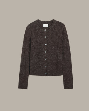 Dark brown cardigan with buttons on a beige background