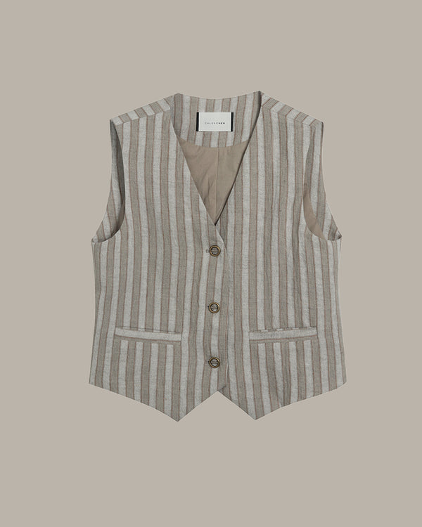 Striped vest with button details on a beige background