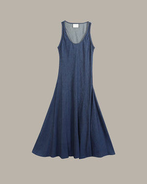 A sleeveless, scoop-neck A-line midi dress in a textured slate blue fabric, displayed flat against a solid taupe background.