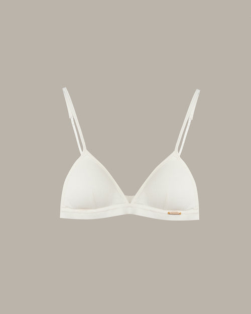 white triangle bralette on a beige background