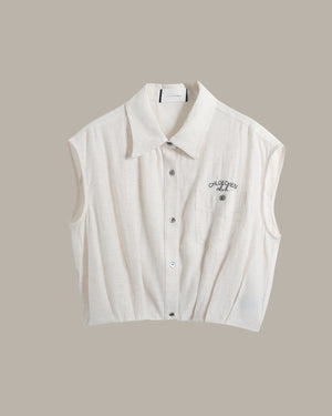 [E] Cropped Button-Up Logo Shirt