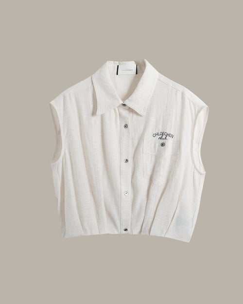[E] Cropped Button-Up Logo Shirt