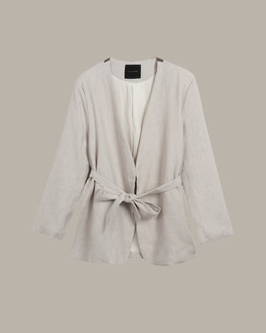 light grey Tie-Waist Collarless Blazer on a light grey blazer