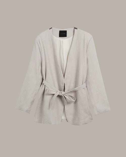 light grey Tie-Waist Collarless Blazer on a light grey blazer