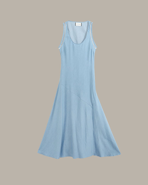 A light blue sleeveless scoop-neck maxi dress with a flared skirt, shown against a solid taupe background.