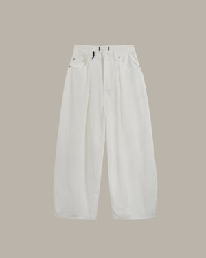 White wide-leg cropped pants with front pleats and belt loops, shown flat against a solid taupe background.