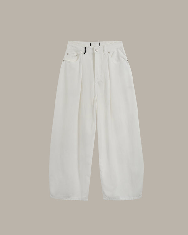 White wide-leg cropped pants with front pleats and belt loops, shown flat against a solid taupe background.