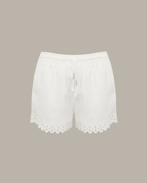 White drawstring shorts with a scalloped eyelet lace hem, shown flat against a solid taupe background.