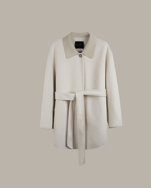 An off-white wool coat with a contrasting beige collar and a matching waist tie belt, displayed on a neutral beige background.