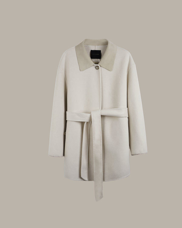 An off-white wool coat with a contrasting beige collar and a matching waist tie belt, displayed on a neutral beige background.