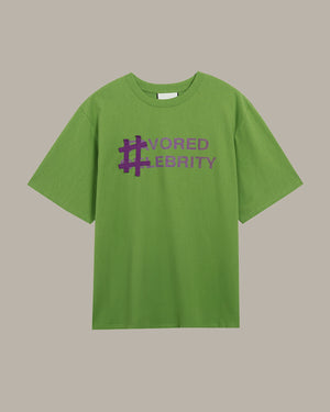 Green t-shirt with purple #favoured celebrity text on a beige background