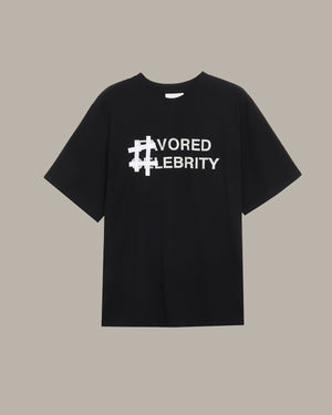 Black t-shirt with '#FAVORED CLEBERITY' text on a beige background
