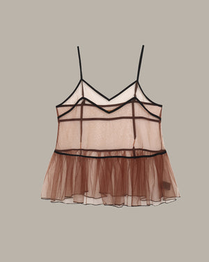 Sheer brown camisole with thin straps on a beige background