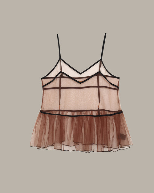 Sheer brown camisole with thin straps on a beige background