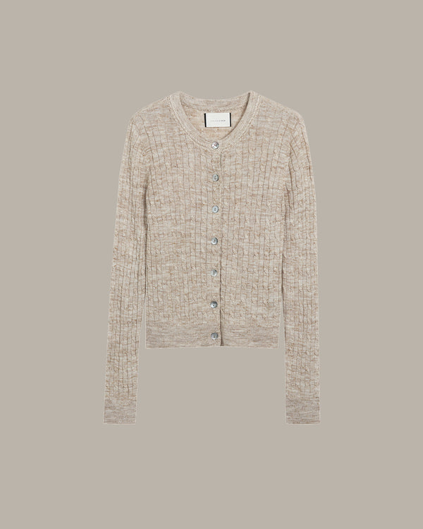 camel textured cardigan on a light gray background