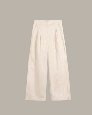 Beige wide-leg pants on a light gray background
