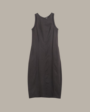 Dark gray sleeveless dress on a beige background