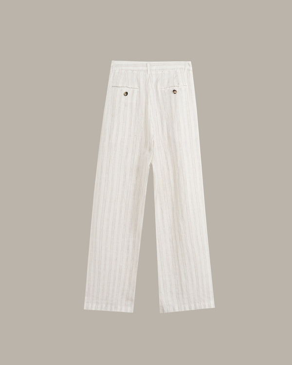 White pinstriped trousers with a high waist and back pockets, shown flat against a solid taupe background.