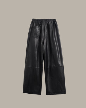 Braided-Drawstring Leather Wide-Leg Pants
