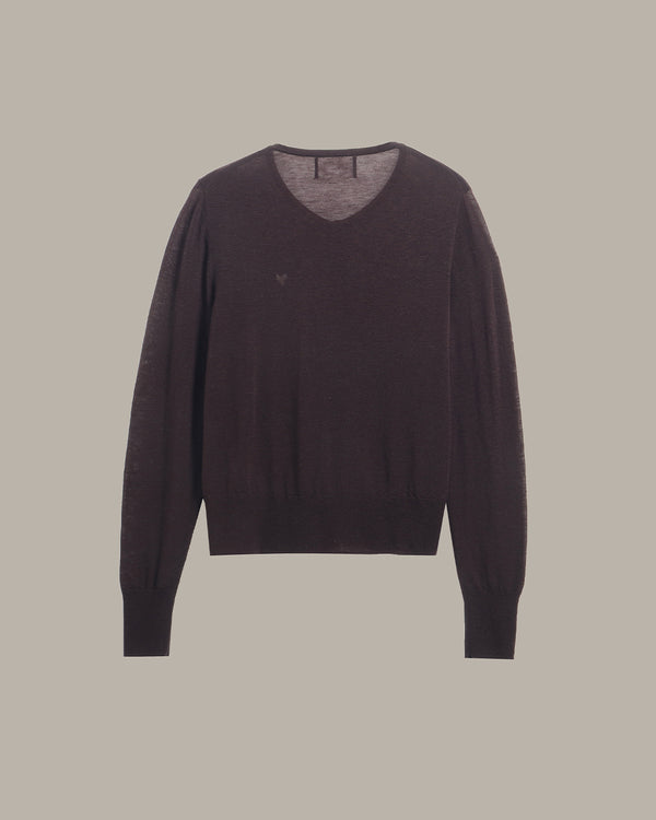 A dark brown long-sleeve knit sweater with a V-neck and a small embroidered eagle logo on the left chest, displayed against a solid taupe background.