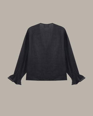back of a black ruffle blouse with ruffled details on a beige background