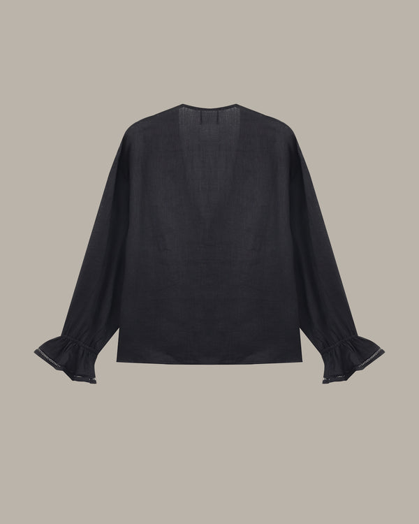 back of a black ruffle blouse with ruffled details on a beige background