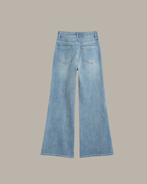 Light blue wide-leg denim jeans shown from the back, featuring two back pockets and a straight waistband, displayed on a solid taupe background.