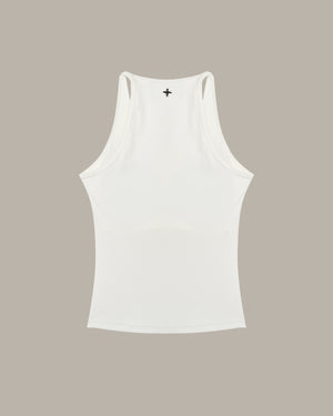 White tank top with a small black logo on a beige background