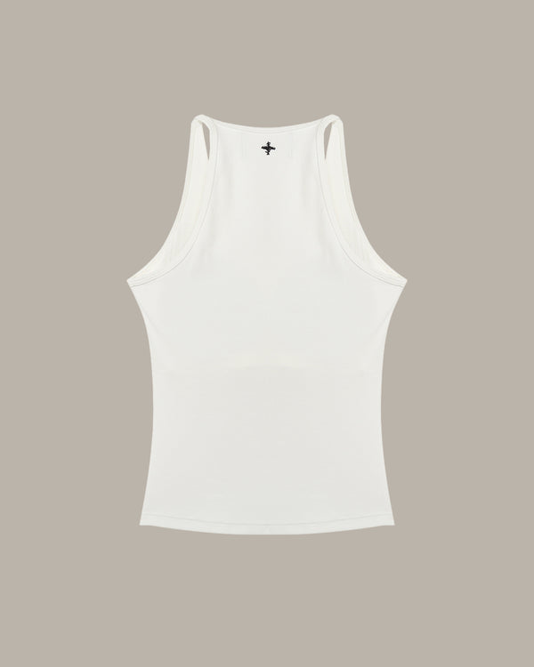 White tank top with a small black logo on a beige background
