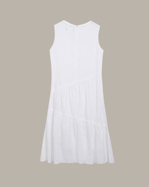 the back of a White  Cutout Neckline Pleated Dress on a beige background