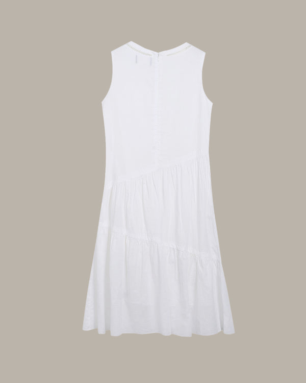 the back of a White  Cutout Neckline Pleated Dress on a beige background