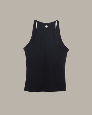 Black tank top with a small white logo on a beige background