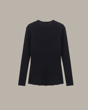 A black long-sleeve crewneck top displayed flat against a solid taupe-gray background.