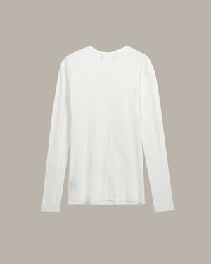 A white long-sleeve crewneck shirt displayed flat against a solid taupe background.