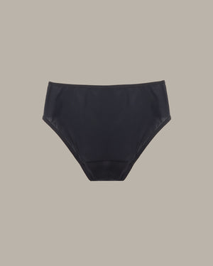 Black high-waisted bikini bottom on a beige background