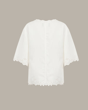 White short-sleeve blouse with eyelet lace trim on the sleeves and hem, shown from the back against a solid taupe background.