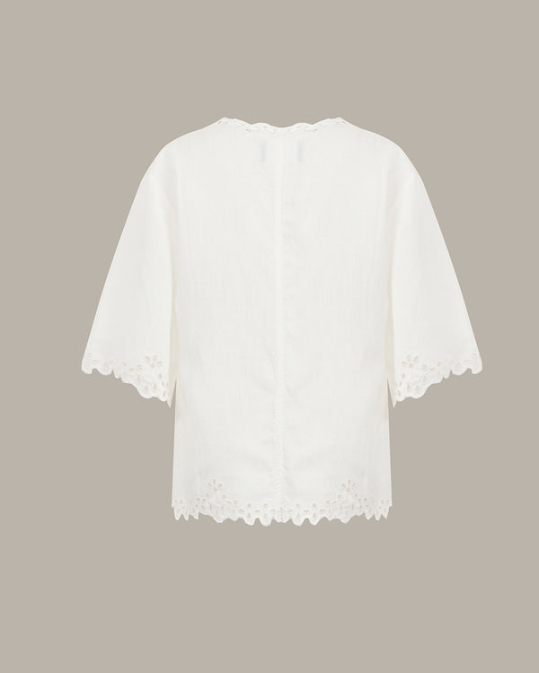 White short-sleeve blouse with eyelet lace trim on the sleeves and hem, shown from the back against a solid taupe background.