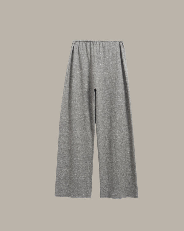 A pair of wide-leg knit pants in heather gray, shown flat against a solid taupe-gray background.
