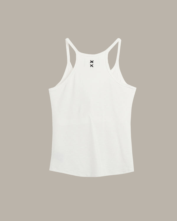 White tank top with black logo on a beige background