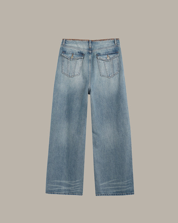 裝飾縫線闊腿牛仔褲