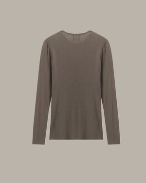 A long-sleeve crewneck knit top in a muted taupe-brown color, displayed flat against a solid light gray background.